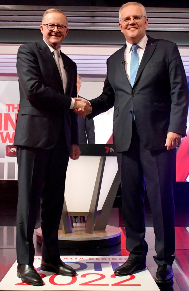 Australian Prime Minister Scott Morrison and Australian Opposition Leader Anthony Albanese shake hands during the third leaders' debate at Seven Network Studios on Day 31 of the 2022 federal election campaign, in Sydney, Wednesday, May 11, 2022. Picture: Mick Tsikas