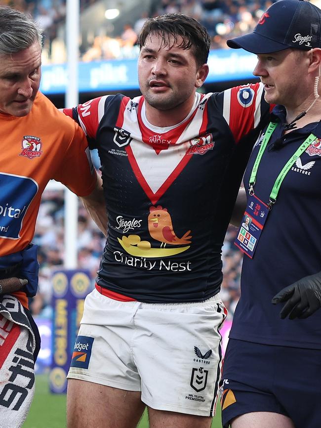 Brandon Smith’s injury compounded a horror day for the Roosters. Picture: Cameron Spencer/Getty Images