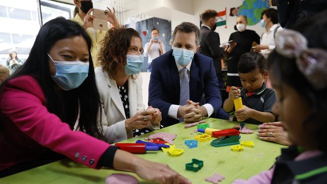 Pictured with kids and staff at Papilio Childcare Centre is Shadow Minister for Housing and Homelessness Jason Clare, Shadow Minister for Education Amanda Rishworth and Candidate for Reid Sally Sitou. Picture: Tim Hunter.