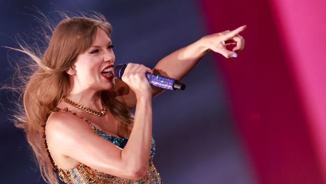 Taylor Swift performs during her Eras Tour at Sofi stadium in Inglewood, California.