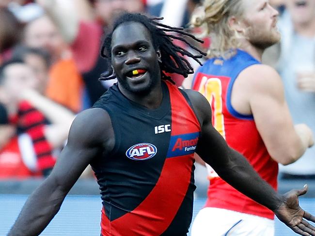 MELBOURNE, AUSTRALIA - APRIL 13: Anthony McDonald-Tipungwuti of the Bombers celebrates his 6th goal of the day during the 2019 AFL round 04 match between the Essendon Bombers and the Brisbane Lions at the Melbourne Cricket Ground on April 13, 2019 in Melbourne, Australia. (Photo by Dylan Burns/AFL Photos/Getty Images)