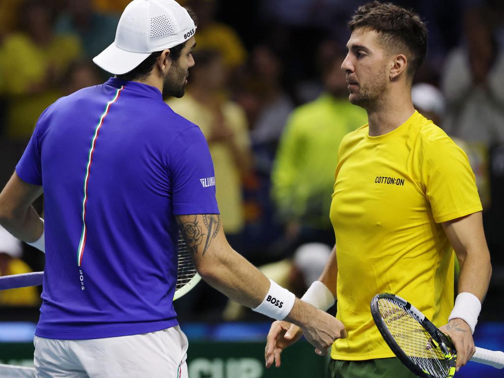 Italy’s Matteo Berrettini and Thanasi Kokkinakis after their semi-final singles match at the Davis Cup last month. Picture: AFP