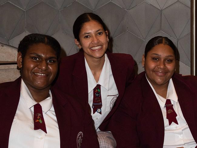 (L-R) AIEF scholarship students Kiarra Billy, Lilly See Kee & Kailang Ware from St Monica's College, Cairns. The girls are in Sydney for their Year 12 graduation. Picture: Michael Bilbe-Taylor / The Australian