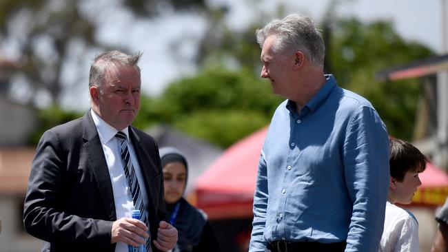 Anthony Albanese and Tony Burke outside the Lakemba Mosque in 2019. Picture: AAP