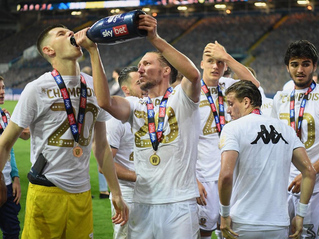 Leeds goalkeeper Illan Meslier and Luke Ayling celebrate. (Photo by Michael Regan/Getty Images)