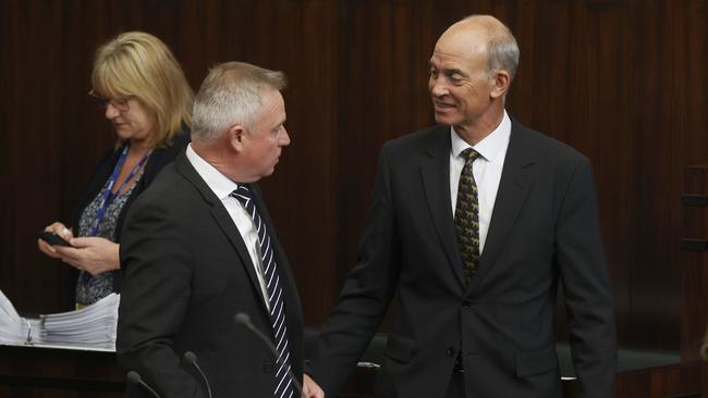 Premier Jeremy Rockliff and new Deputy Premier Guy Barnett return to the House of Assembly for question time. Picture: Nikki Davis-Jones