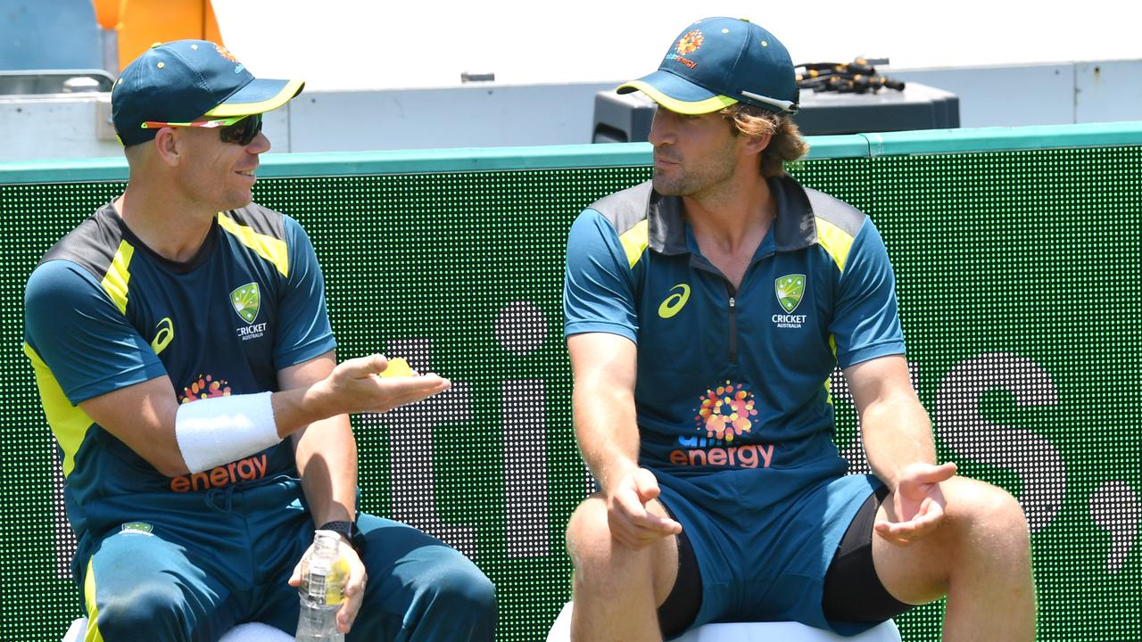 David Warner (left) and Joe Burns (right) are seen at training