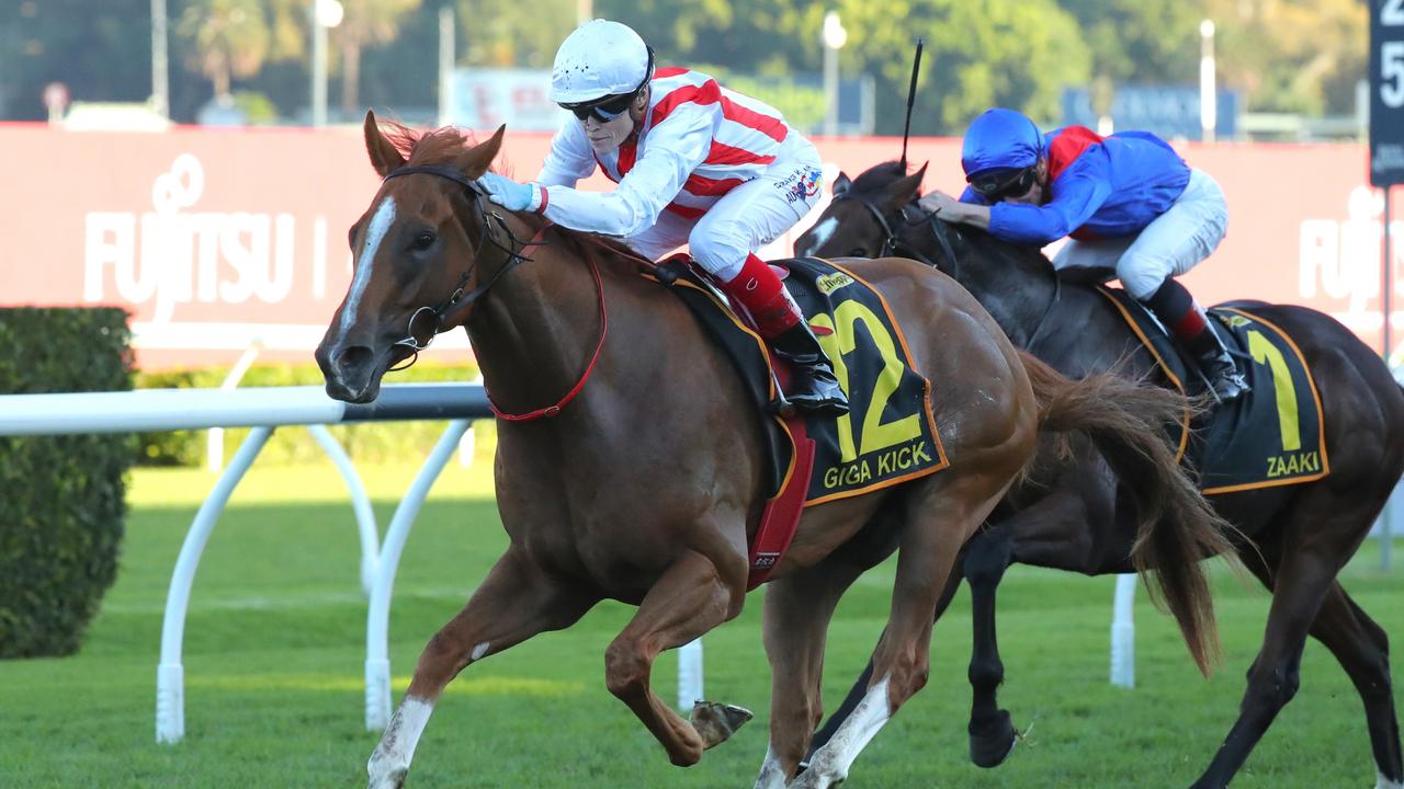 Craig Williams and Giga Kick race away with the Schweppes All Aged Stakes. Picture: Jeremy Ng–Getty Images