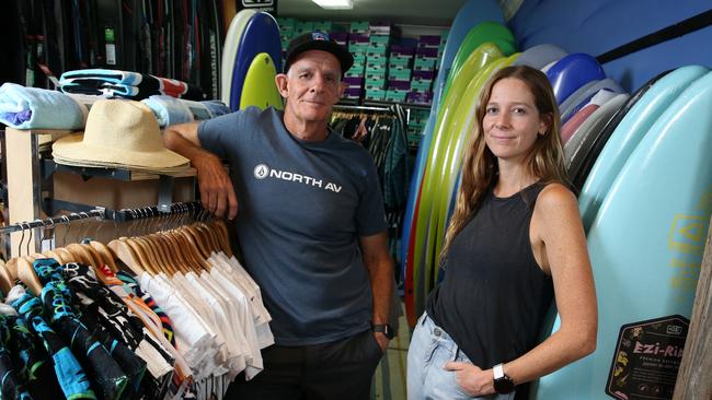 Surf store owner David Watson and daughter Bec Conroy. Picture: Britta Campion