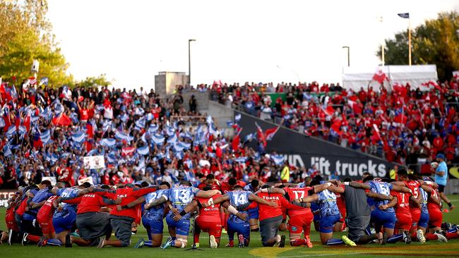 Tonga and Samoa came together in prayer at the 2017 World Cup, in a spine-chilling and heartwarming moment. Picture: Getty Images.