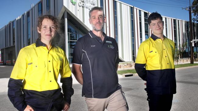 Findon Technical College director Luke Northcote with students Isla Taylor, 14 and Atticus Ware, 14. Picture: Dean Martin