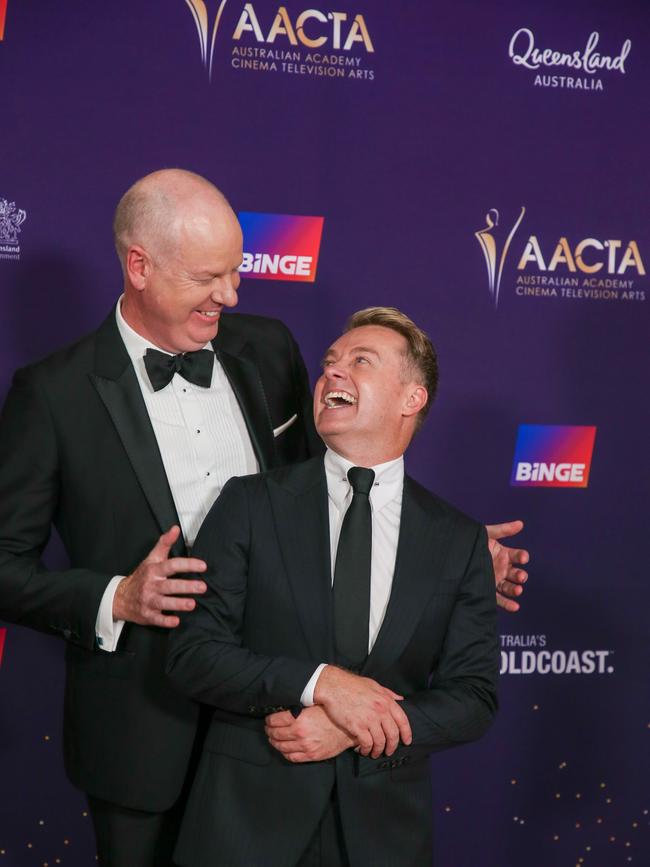 Tom Gleeson and Grant Denyer arrive on the Red Carpet at the 2024 Aacta Awards at HOTA on the Gold Coast. Picture: Glenn Campbell