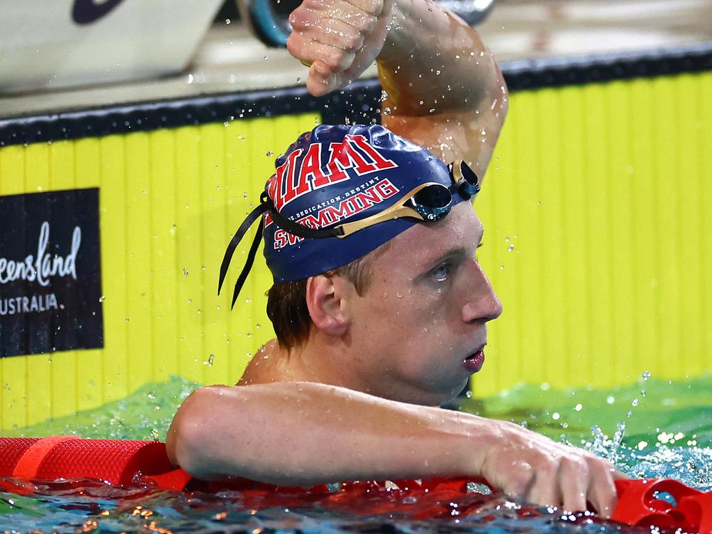 Max Giuliani celebrates winning the men’s 200m Freestyle Final at the 2024 Australian Swimming Trials. Picture: Quinn Rooney/Getty Images