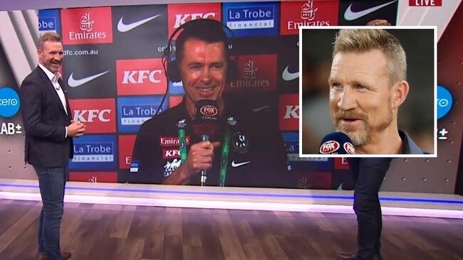 Nathan Buckley and Craif McRae share a laugh on Fox Footy. Photo: Kayo, AFL Photos via Getty.