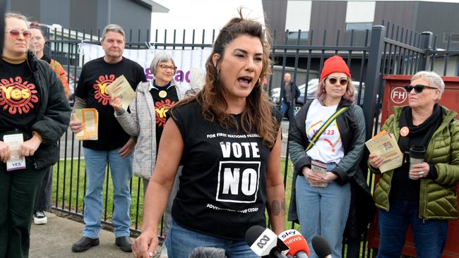 Senator Lidia Thorpe speaks to the media after casting her vote in the Indigenous Voice referendum at a polling station at Reservoir. Picture: Andrew Henshaw