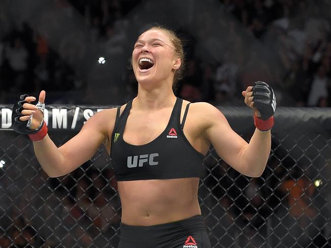 Rousey celebrates after defeating Cat Zingano in 14 seconds at UFC 184 last month.