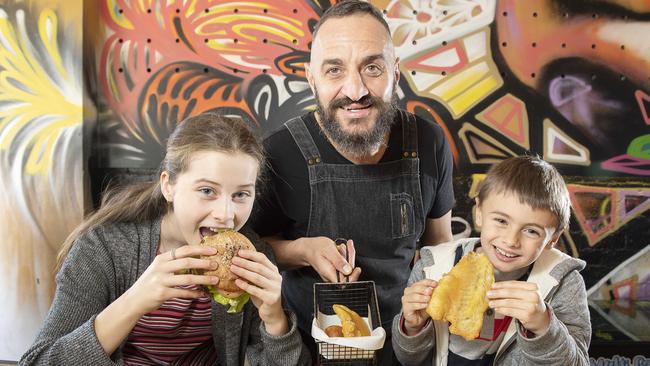 Northcote’s Sweet Salt owner James Baker with Chloe, 13, and Matthew, 8. Picture: Ellen Smith