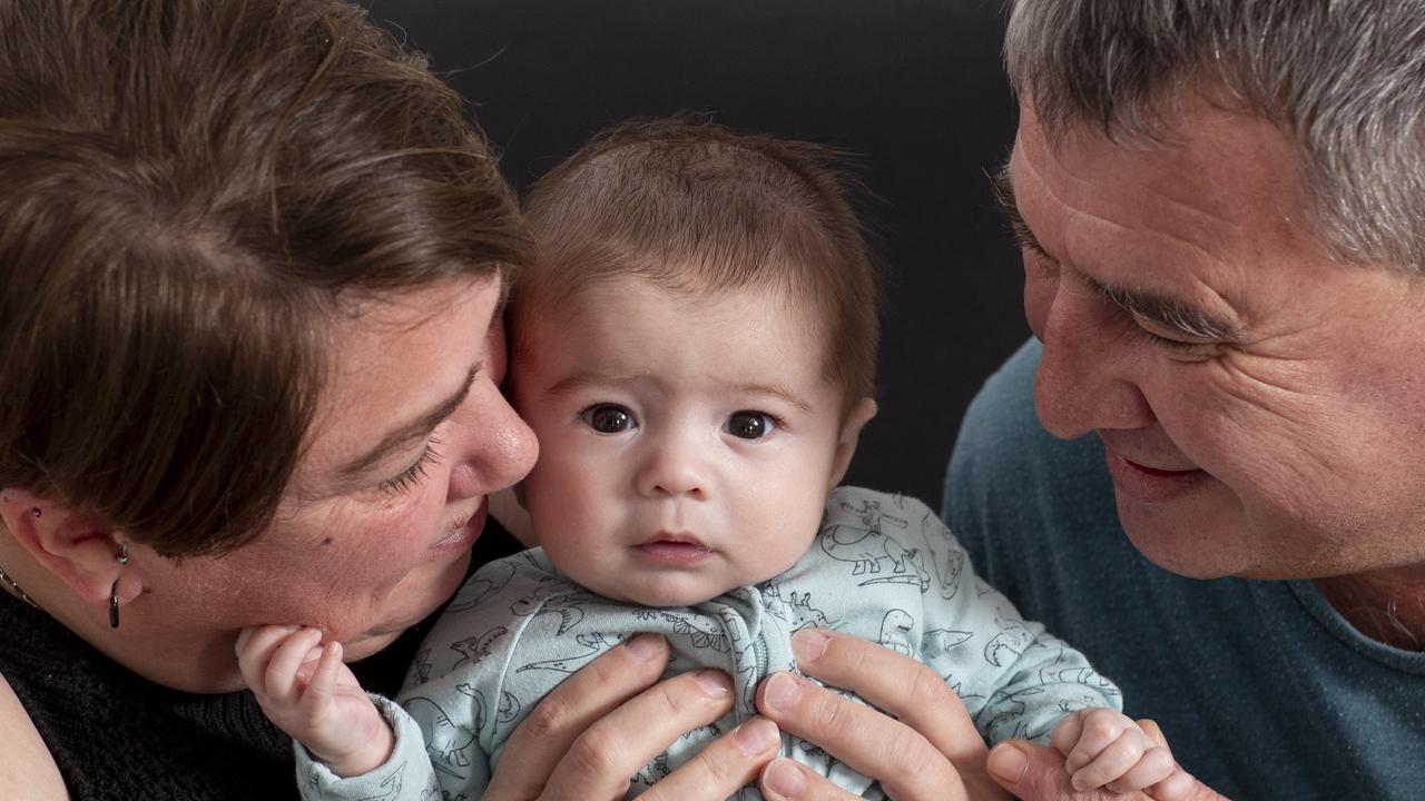 Rhianna and Jason Swan with their surprise baby, Caleb who was born in June. Picture: Brett Hartwig