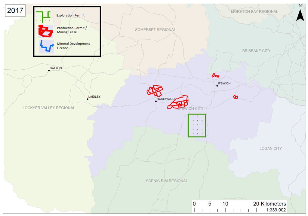 ABOVE AND BELOW: Maps from 2011 and 2017 show the way mining has diminished in Ipswich over a six-year-period. The green represents exploration permits, red stands for mining lease and blue for mineral development licence.