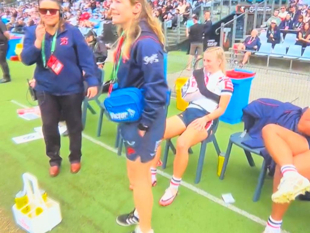 Sydney Roosters star Tarryn Aiken with her shoulder strapped after suffering a setback against Cronulla. Picture: Fox League