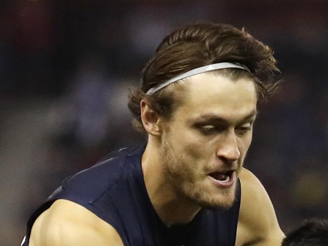 MELBOURNE, AUSTRALIA - FEBRUARY 28: Darcy Moore of Victoria and Michael Walters of the All Stars compete for the ball during the 2020 State of Origin for Bushfire Relief match between Victoria and the All Stars at Marvel Stadium on February 28, 2020 in Melbourne, Australia. (Photo by Dylan Burns/AFL Photos via Getty Images)