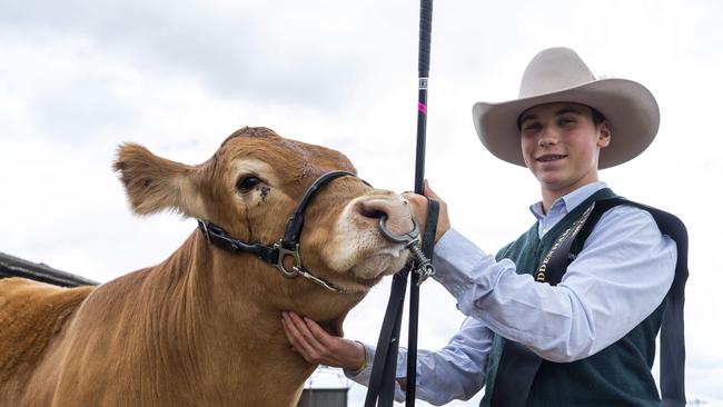 Alex Compton, 14, with his prize-winning cow at the Luddenham Show. Picture: AAP/Matthew Vasilescu