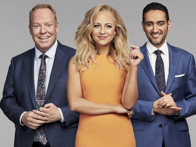 Carrie Bickmore with Project co-hosts (L) Peter Helliar and (R) Waleed Aly.