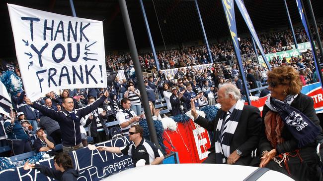 Geelong Football Club President Frank Costa does a lap of honour before the AFL Round 22 match between the Geelong Cats and the West Coast Eagles at Skilled Stadium, Geelong.