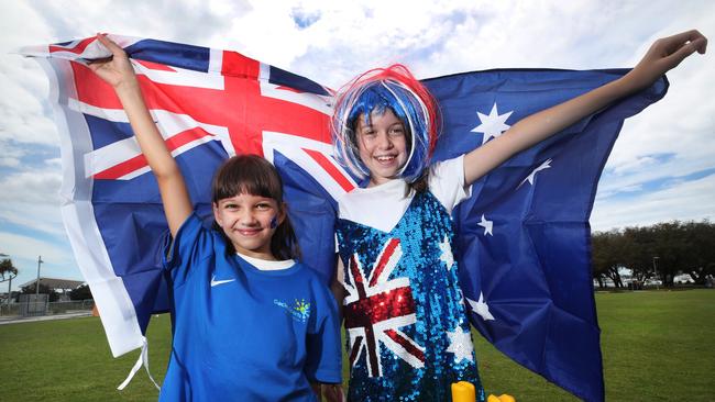 Evie Bortoni 7 and Charlotte Maloy 9 getting ready for Gold Coast City Council’s Australia Day celebrations at Broadwater Parklands. Picture Glenn Hampson