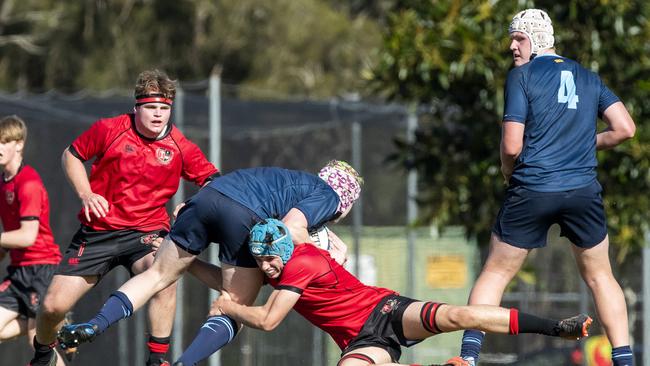 Charlie Cooke tackles Jack Willson in the GPS 1st XV Rugby game between Brisbane Grammar and Gregory Terrace at Northgate, Saturday, July 30, 2022 - Picture: Richard Walker