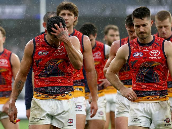 Izak Rankine and Alex Neal-Bullen lead the Crows off. Picture: Josh Chadwick/Getty Images