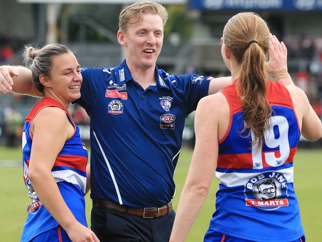 An elated Paul Groves after Western Bulldogs’ 2018 AFLW flag. Picture: Mark Stewart