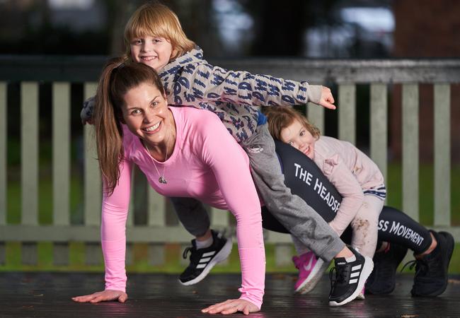 Fitness company owner Bec Robertson with her kids Oscar, 7 and Holly, 3 in Stirling. Picture: Matt Loxton