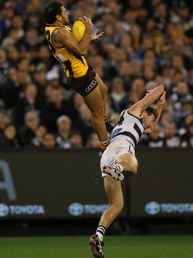 Rioli takes a spectacular mark against Geelong. Picture: Wayne Ludbey