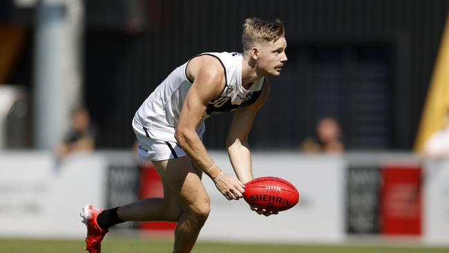 MELBOURNE, AUSTRALIA – MARCH 27: Max Spencer of the Sharks in action during the round one VFL match between the Richmond Tigers and Southport at The Swinburne Centre on March 27, 2022 in Melbourne, Australia. (Photo by Jonathan DiMaggio/AFL Photos/via Getty Images)