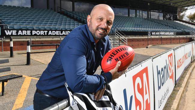 Former Port Adelaide SANFL player George Fiacchi at Alberton Oval. Fiacchi has outlined a plan to help the Magpies remain in the SANFL with the sides’ future in the state league under a cloud. Picture: AAP/Keryn Stevens