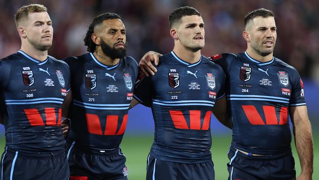 Hudson Young, Josh Addo-Carr, Nathan Cleary and James Tedesco before the start of this year’s State of Origin series.