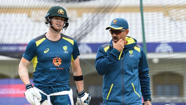 NOTTINGHAM, ENGLAND - JUNE 05: Steven Smith of Australia talks to coach Justin Langer during a Australia Nets Session at Trent Bridge on June 05, 2019 in Nottingham, England. (Photo by Nathan Stirk/Getty Images)