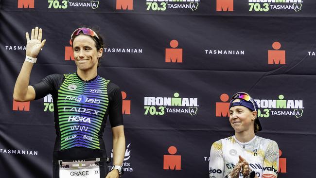 Australian triathlete Grace Thek comes second in the female Ironman 70.3 Tasmania in Hobart on Sunday 4th February 2024. Picture: Linda Higginson