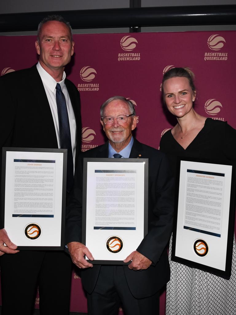 Toowoomba basketball identities (from left) John Dorge, Harry Spencer and Jennifer Screen celebrate being inducted into the Basketball Queensland Hall of Fame. Picture: Basketball Queensland/Highflyer Images