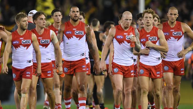 Sydney players after their loss to Richmond. Picture: AAP