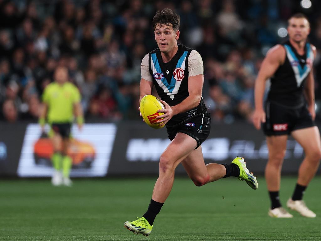 Zak Butters avoided suspension for a high hit on Bailey Banfield on the weekend. Picture: James Elsby/AFL Photos via Getty Images.