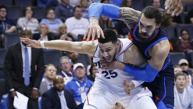 Big Anzacs: Simmons battles Oklahoma City’s New Zealander Steven Adams. Picture: AP