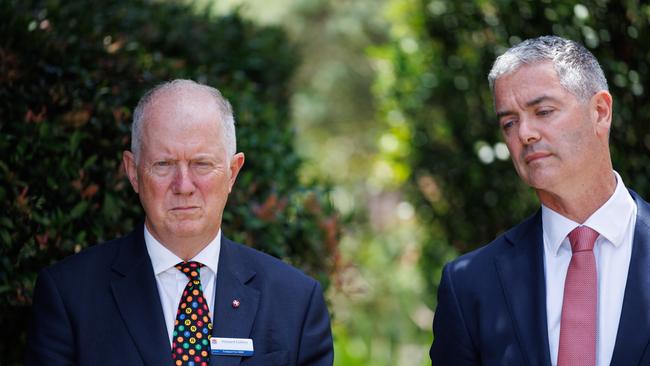 Howard Collins, Coordinator General Transport for NSW (left) and John Graham Minister for Roads, update media about the Rozelle interchange. They said motorists need to get used to the changes. Picture: NCA NewsWire / David Swift