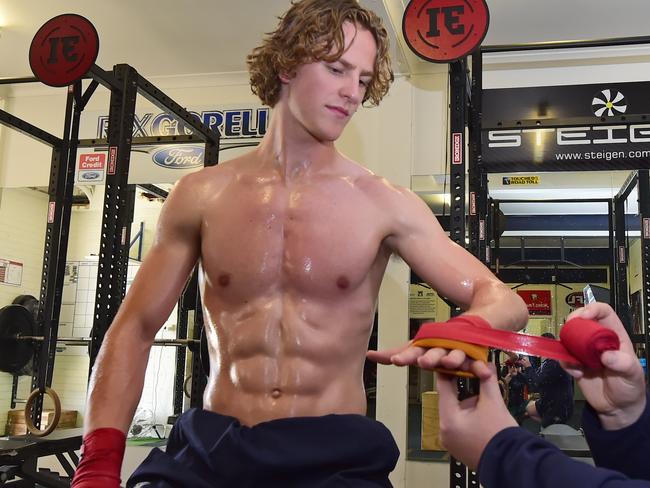 Cooper Stephens is strapped after a training session. Picture: Stephen Harman