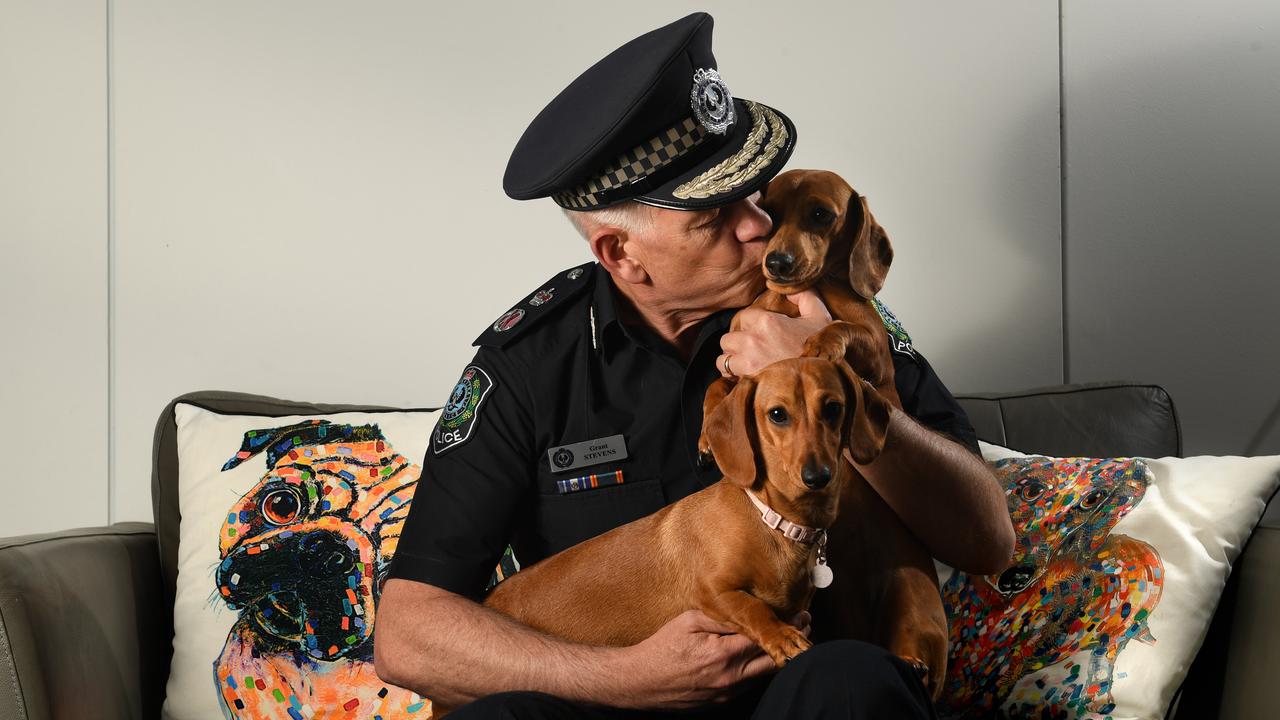 Police Commissioner Grant Stevens gives his dogs Gracie and Zoe a cuddle. Picture: Tricia Watkinson