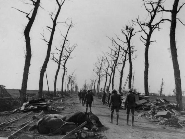 Dead horses strewn on the Menin Road outside Ypers in Belgium in WWI.