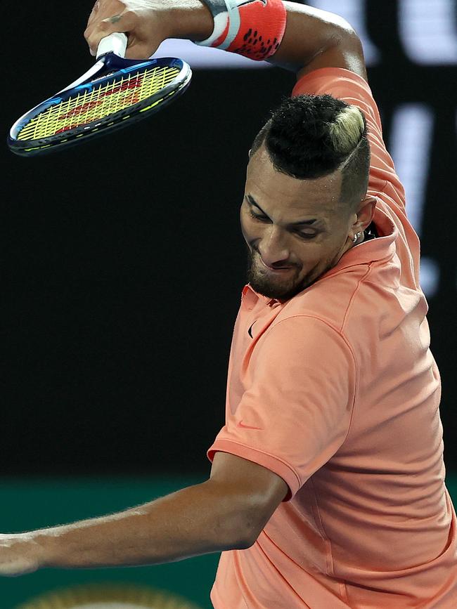 Kyrgios smashes his racquet while playing Nadal at the 2020 Australian Open.