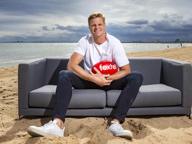 Riewoldt hamming it up on St Kilda beach during his days with Fox Footy. Picture: Sarah Matray