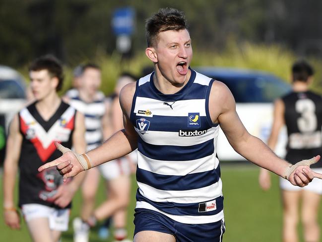 MPFNL: Division Two Seniors, Qualifying Final, Round 1. Chelsea FNC Seniors vs Devon Meadows FNC Seniors at RJ Rowley Reserve, Rye, Victoria, Saturday 17th August 2024. John Simson celebrates kicking a goal. Picture: Andrew Batsch